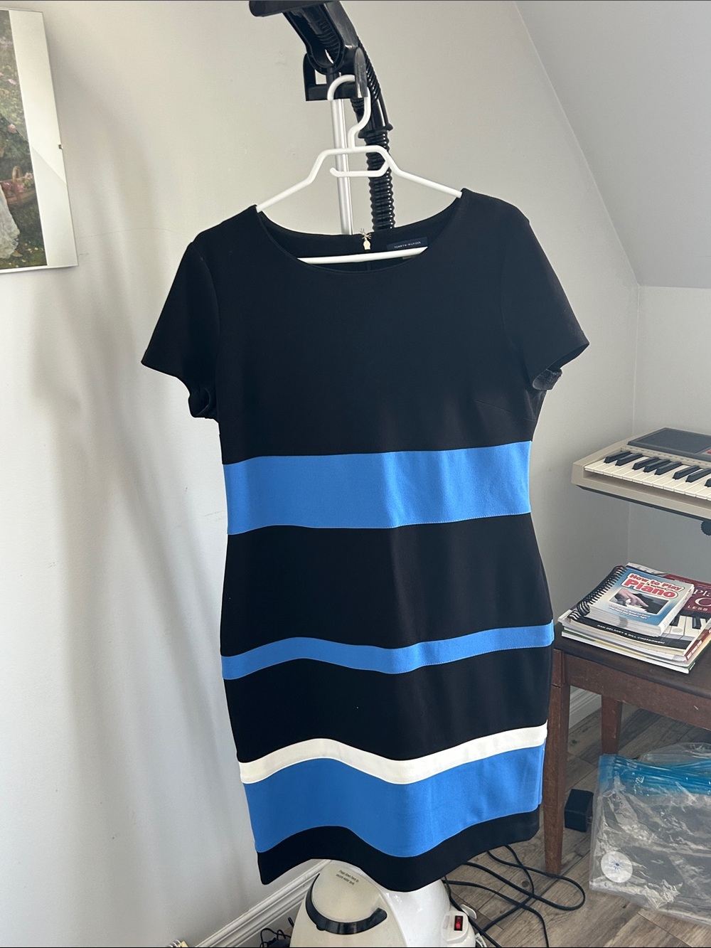 Tommy Hilfiger Black and Blue Striped Mini Dress